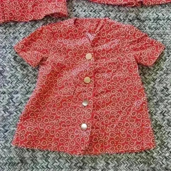 Corduroy Little Girl Dresses Set of 3 Handcrafted Red White Green Flower Pattern - Picture 9 of 15